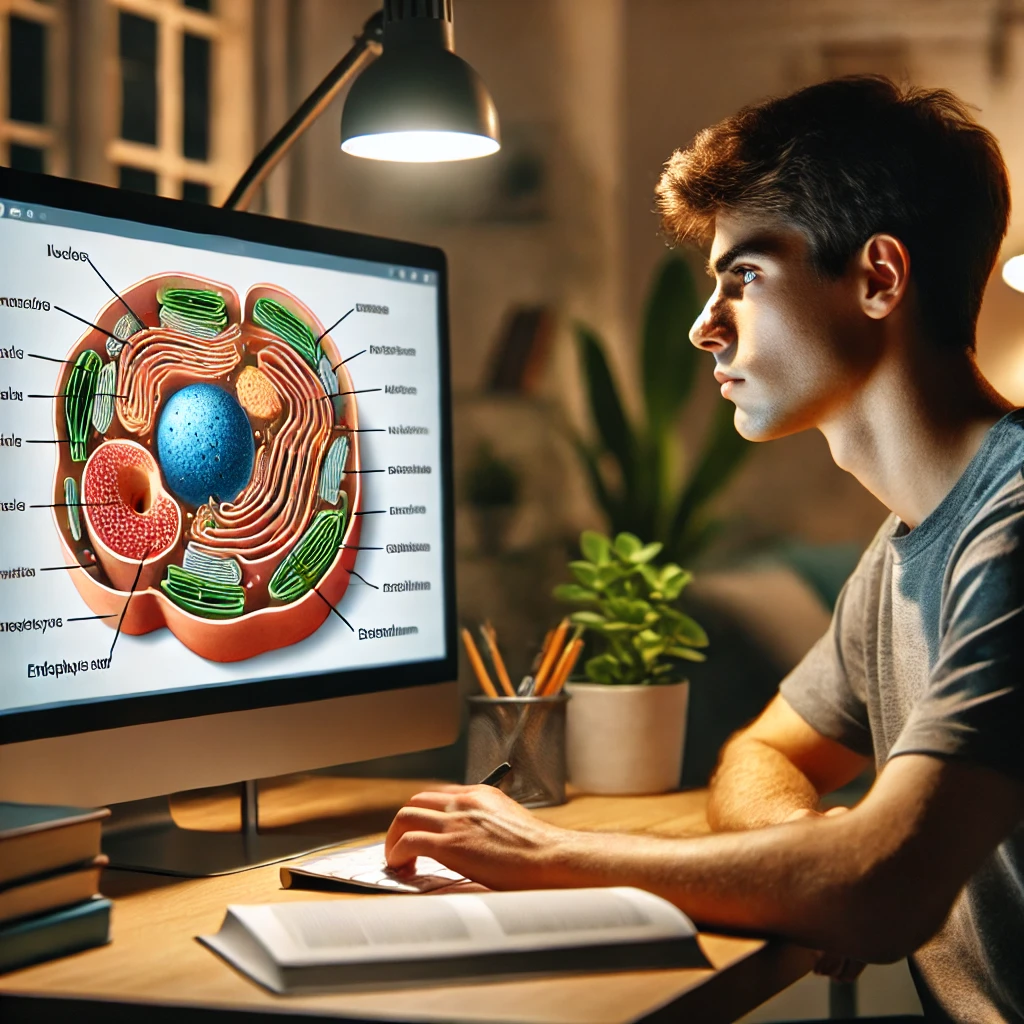 Estudante sentado em frente ao computador assistindo review da Black Friday sobre cursinho preparatório para Medicina, especificamente aula de citologia
