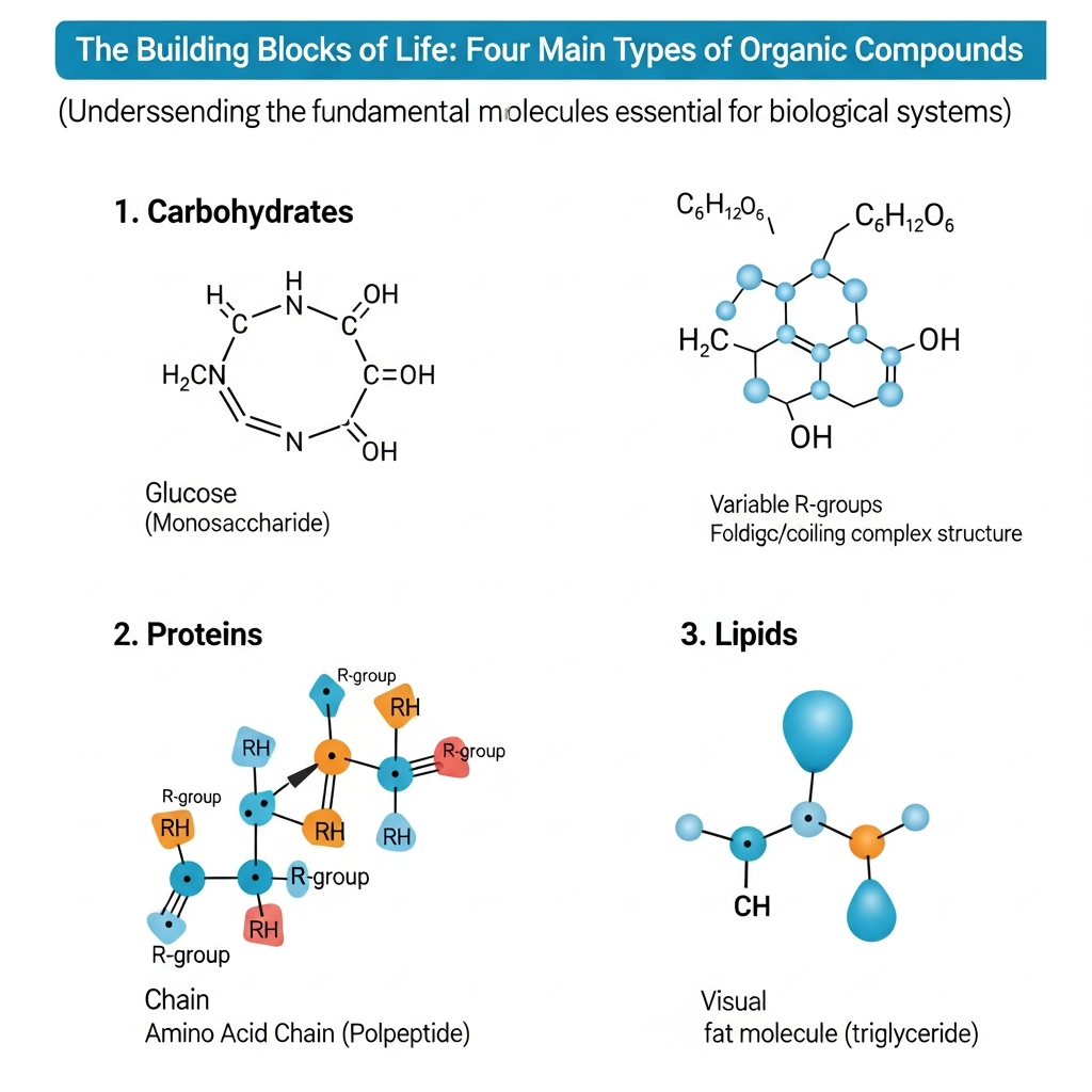Diagrama mostrando os quatro tipos de compostos orgânicos: carboidratos, proteínas, lipídios e ácidos nucleicos