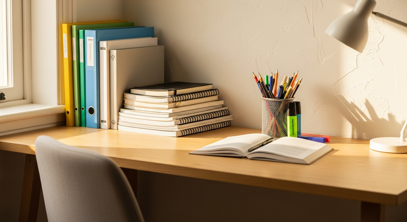Mesa de estudos organizada com cadernos e materiais