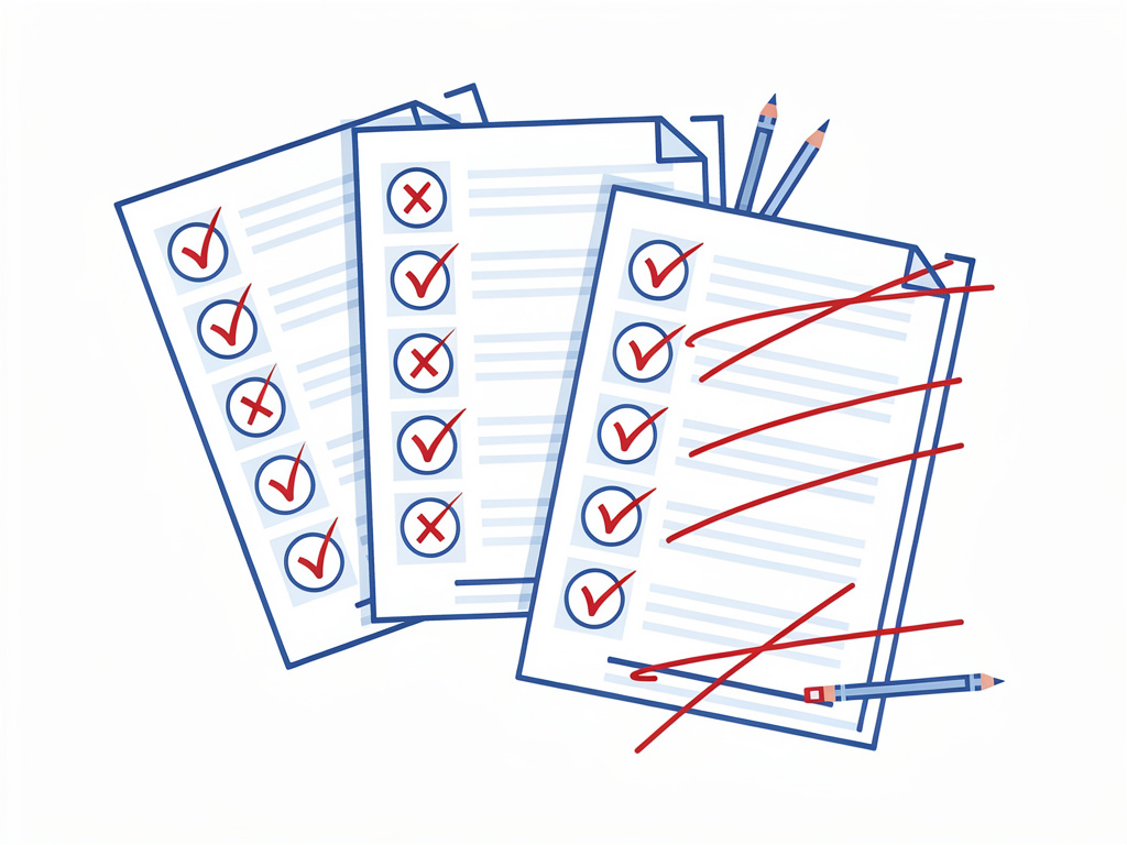 Ilustração de provas com marcações de correção representando a avaliação de redações do Enem