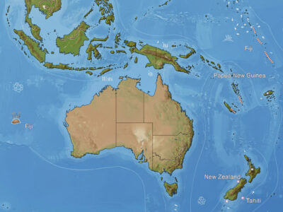 Mapa cartográfico educacional da Oceania mostrando Austrália, Nova Zelândia e ilhas do Pacífico