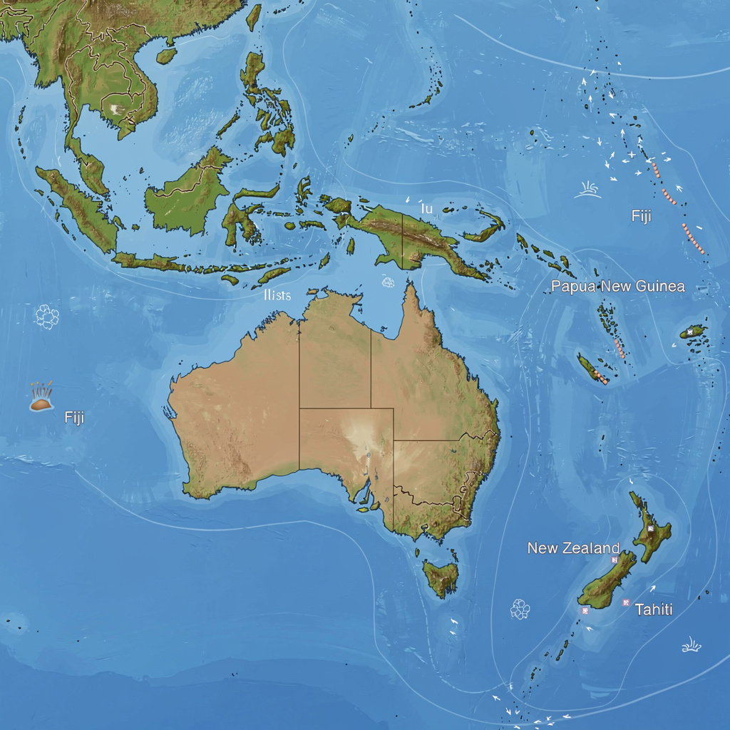 Mapa cartográfico educacional da Oceania mostrando Austrália, Nova Zelândia e ilhas do Pacífico