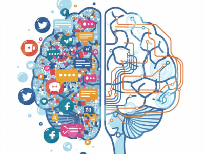 Ilustração científica sobre distração digital e concentração na educação