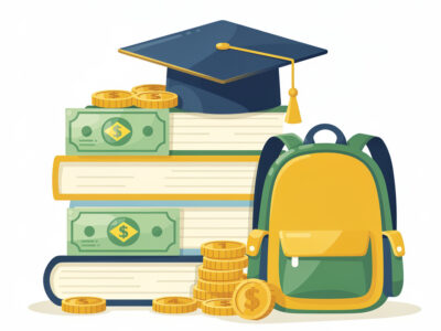 Ilustração do programa Pé-de-Meia com livros e material escolar