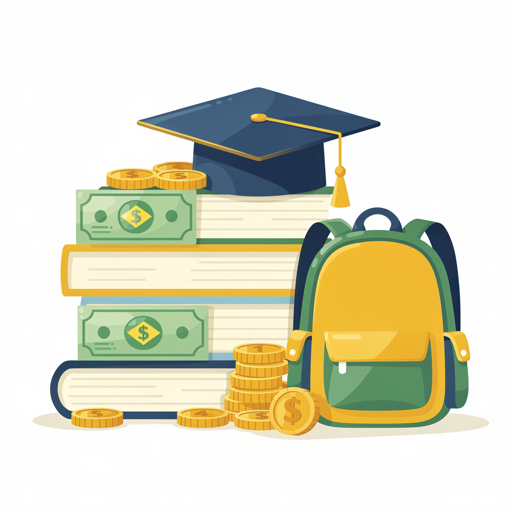 Ilustração do programa Pé-de-Meia com livros e material escolar