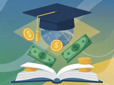 Ilustração abstrata de educação com capelo de formatura e livros representando o programa Pé-de-Meia Licenciaturas