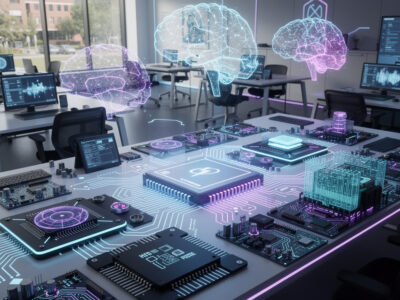 Ilustração de laboratório de tecnologia com chips e inteligência artificial