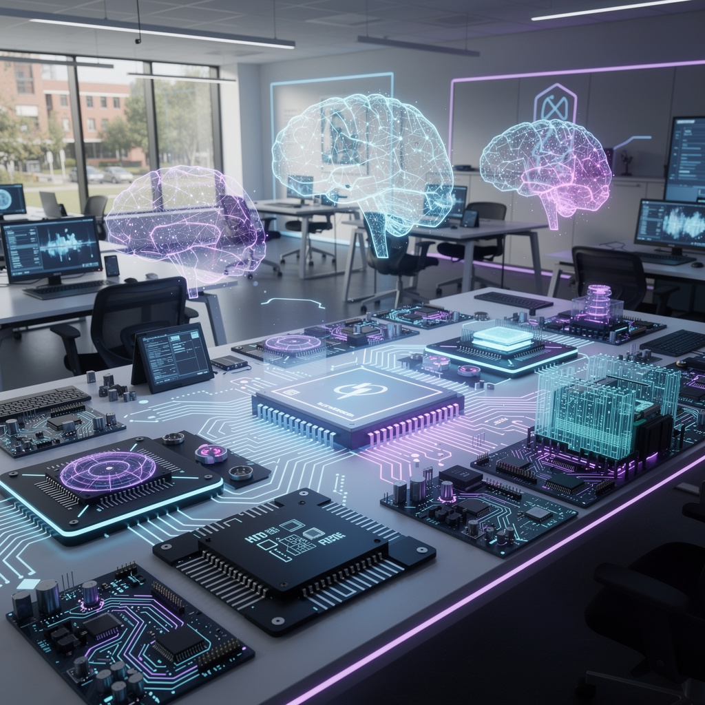 Ilustração de laboratório de tecnologia com chips e inteligência artificial